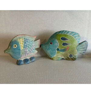Whimsical Set of 2 Hand Painted Decorative Tropical Fish Multicolor Sz 7" & 9"